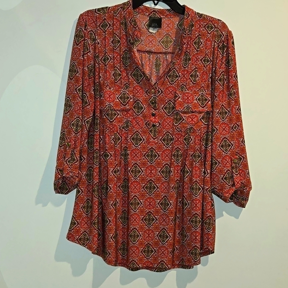 JTB red white yellow orange top. Size 1X.